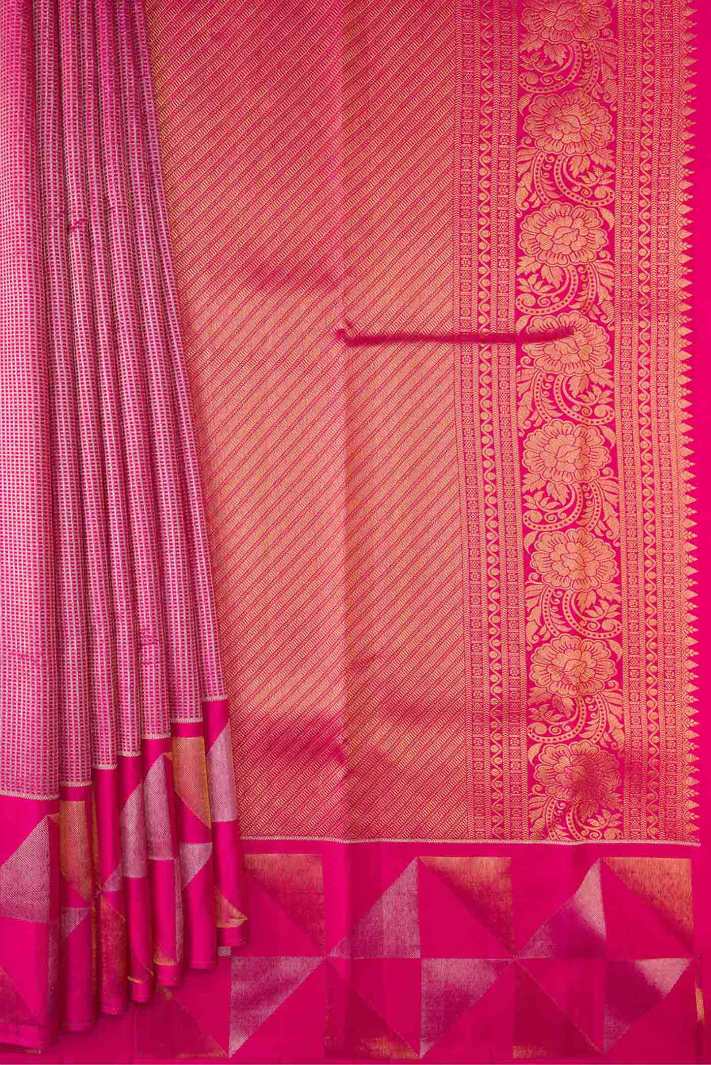 Pleats and pallu of Pink Dual Tone Kanchipuram Saree with Zari Brocade on the body and Zari Border