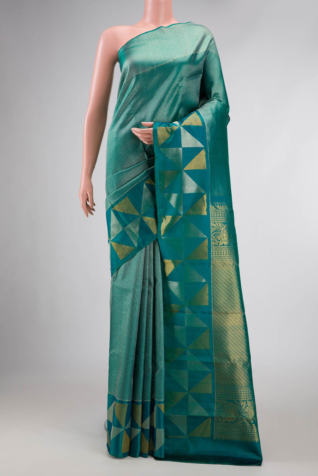 Peacock Blue Dual Tone Kanchipuram Silk Saree with Zari Brocade on the body and Fancy Border displayed on a mannequin