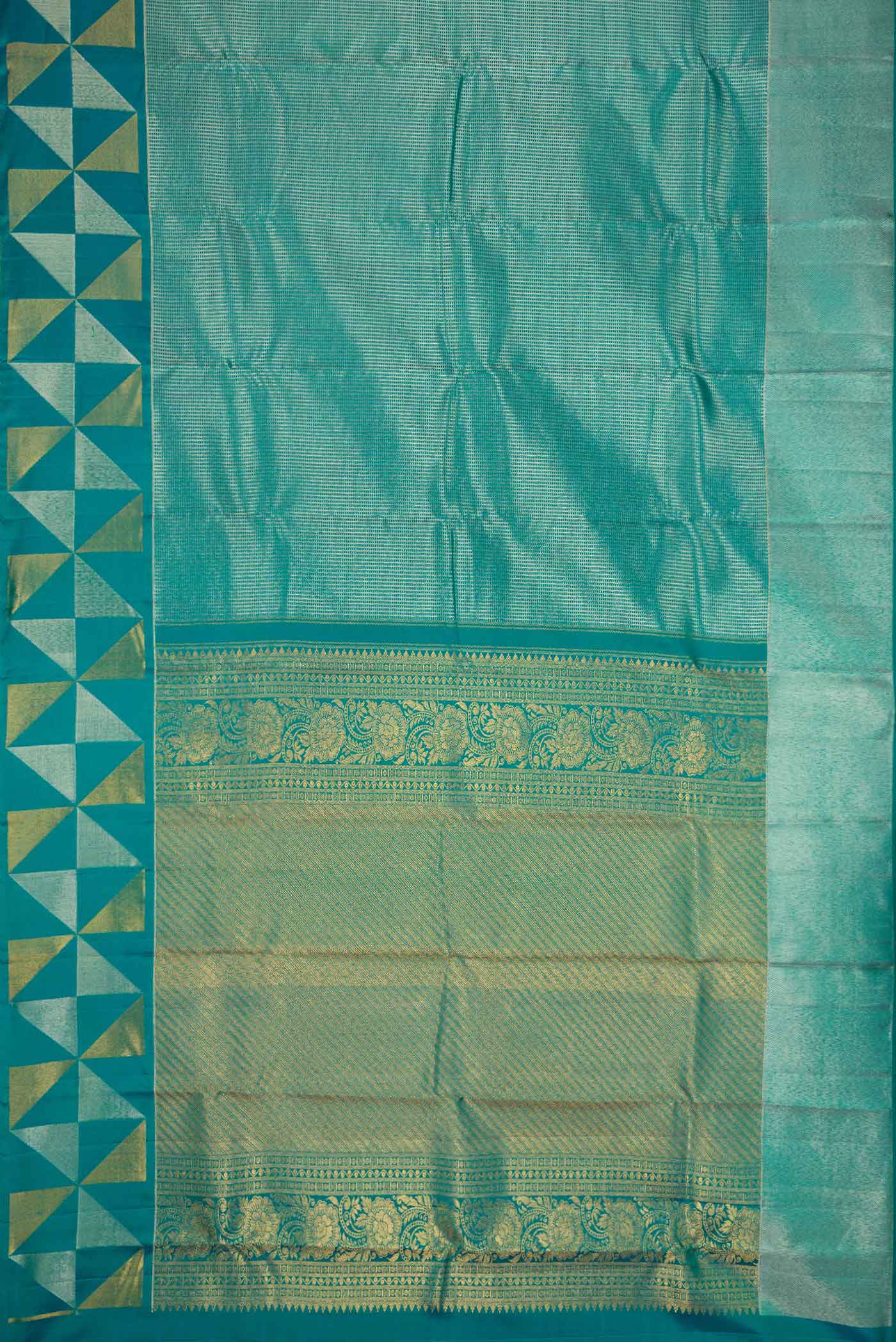 Flat view of Peacock Blue Dual Tone Kanchipuram Silk Saree with Zari Brocade on the body and Fancy Border