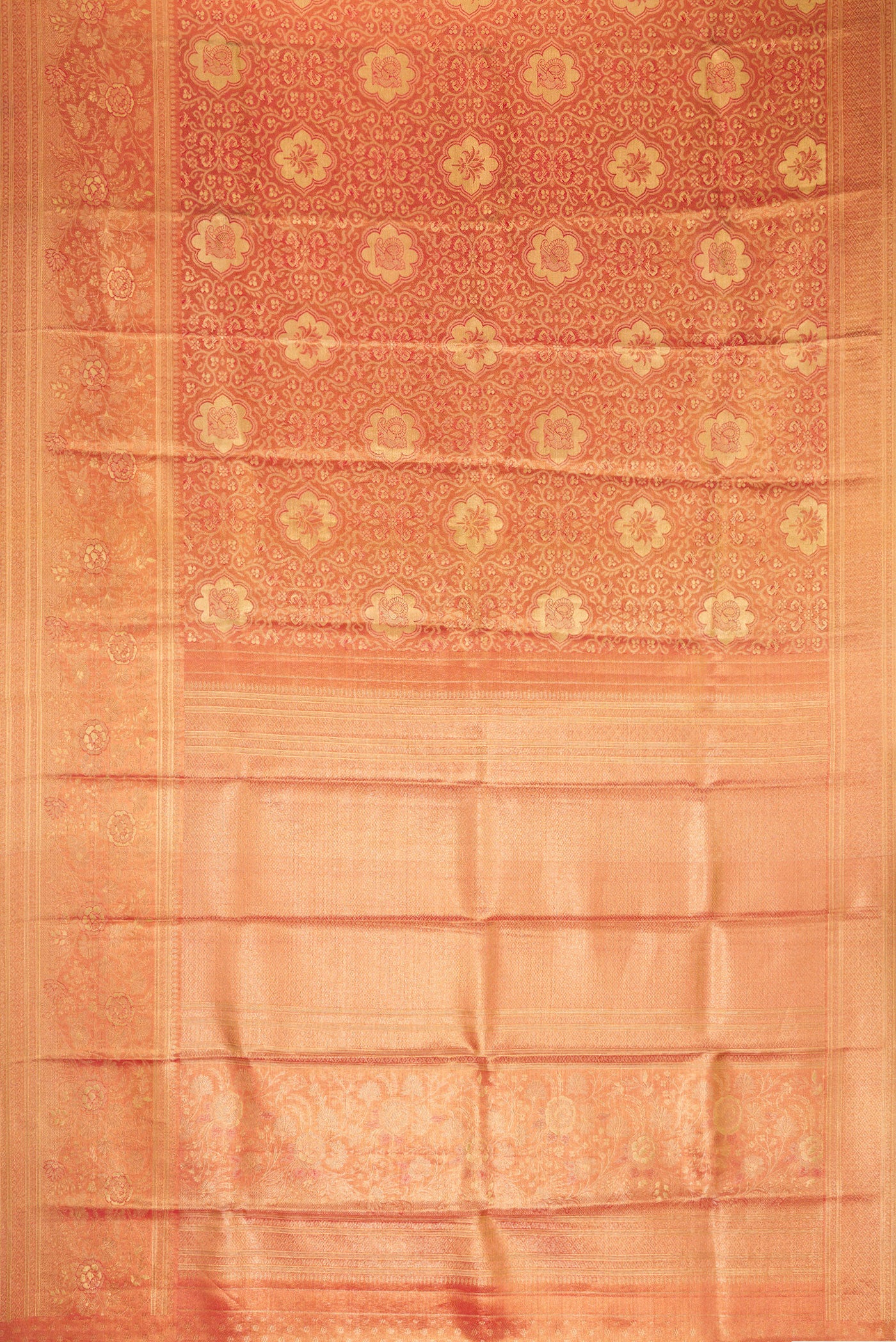 Flat view of Pink Dual Tone Kanchipuram Tissue Silk Saree with Zari Brocade on the body and Zari Border. 