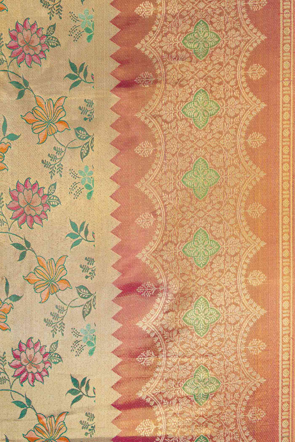 Border image of Gold Dual Tone Kanjivaram Tissue Silk Saree with Zari Brocade on the body and Zari Border. 