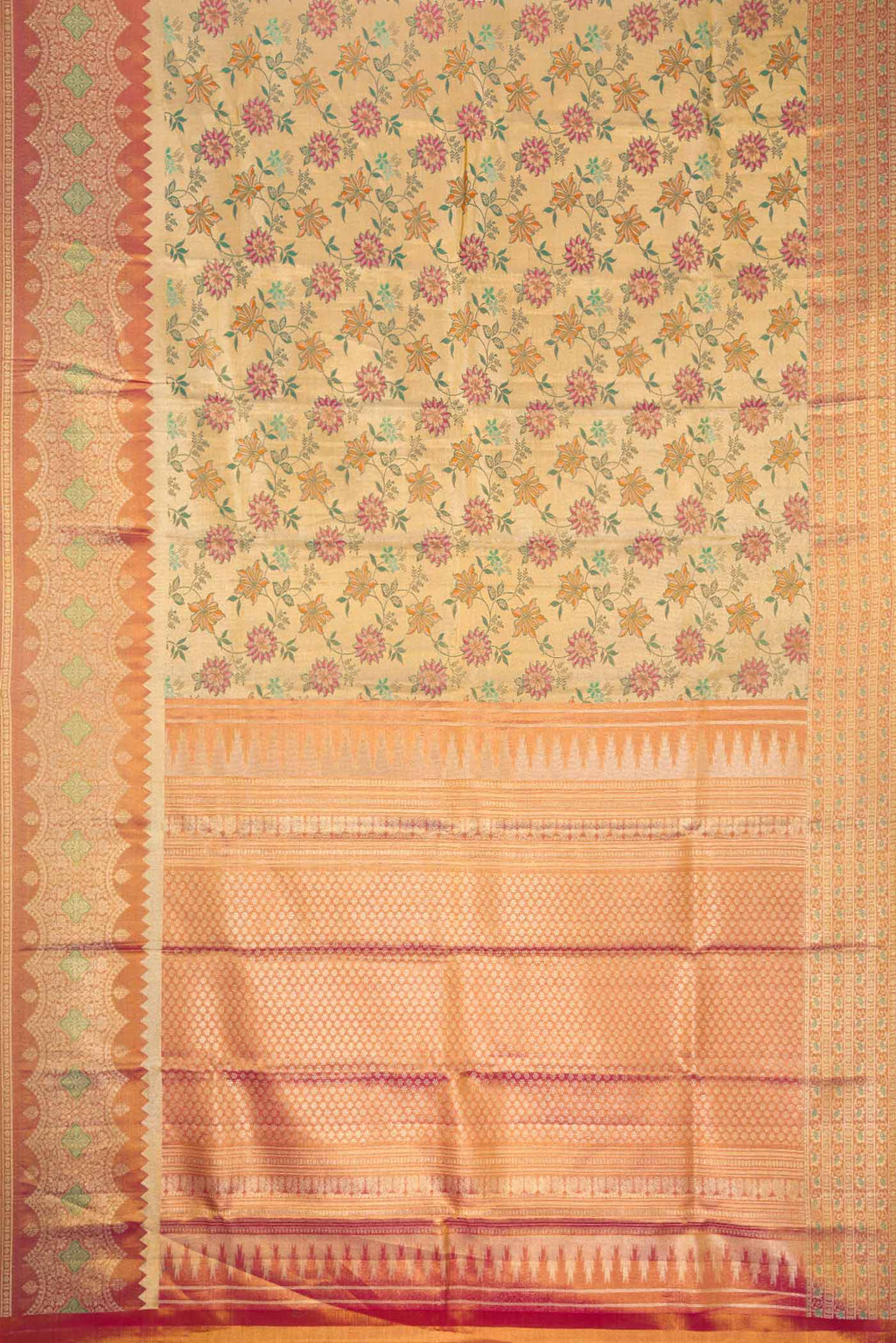 Flat view of Gold Dual Tone Kanjivaram Tissue Silk Saree with Zari Brocade on the body and Zari Border. 