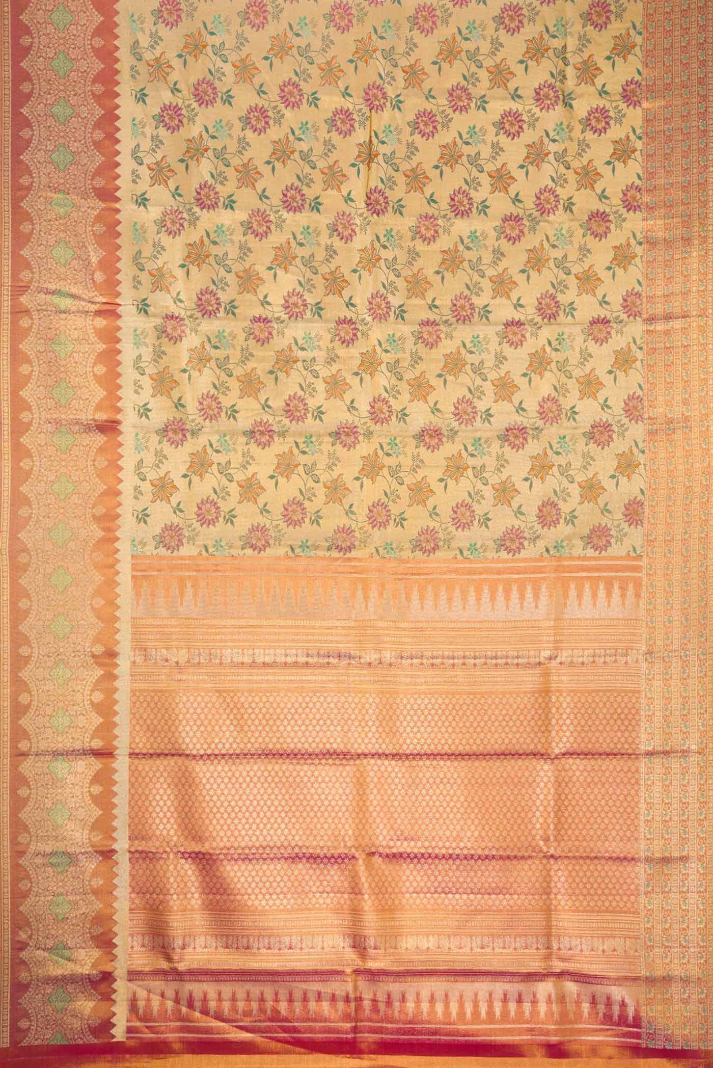 Flat view of Gold Dual Tone Kanjivaram Tissue Silk Saree with Zari Brocade on the body and Zari Border. 