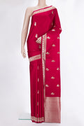 Pure Silk Red Banarasi Saree with Zari Butta on the body and Zari Border.  displayed on a mannequin