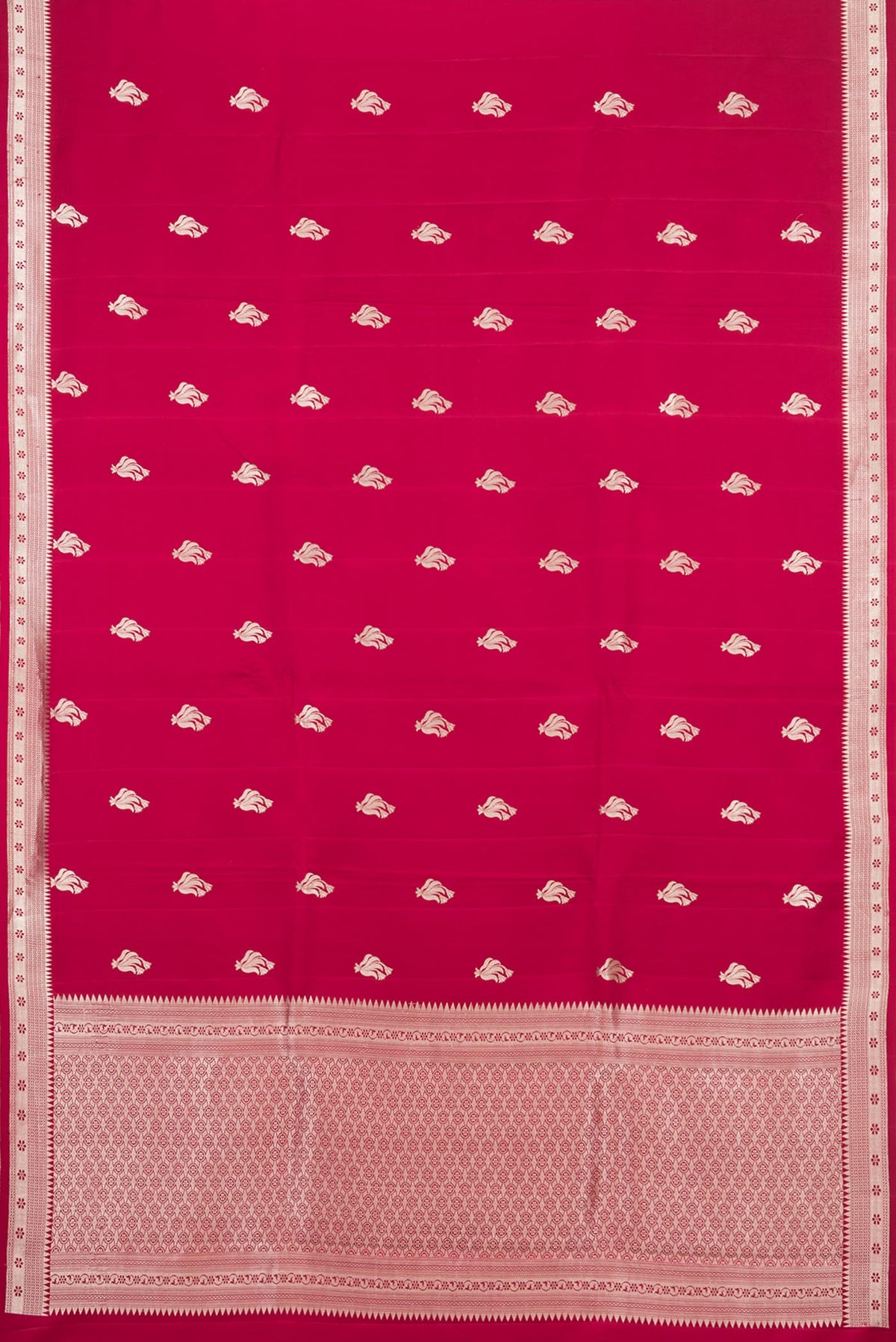Flat view of Pure Silk Red Banarasi Saree with Zari Butta on the body and Zari Border. 
