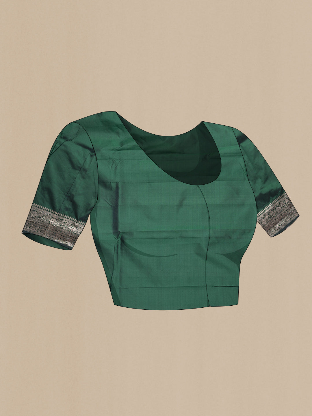Close up image of the blouse of Bottle Green Dual Tone Banarasi Silk Saree with Zari Butta on the body and Zari Border. 