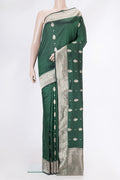 Bottle Green Dual Tone Banarasi Silk Saree with Zari Butta on the body and Zari Border.  displayed on a mannequin