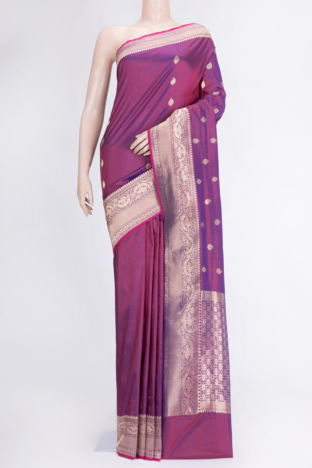 Purple Dual Tone Banarasi Silk Saree with Zari Butta on the body and Zari Border.  displayed on a mannequin