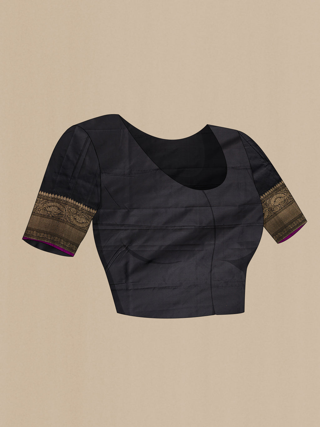 Close up image of the blouse of Black Banarasi Silk Saree with Zari Butta on the body and Fancy Border. 