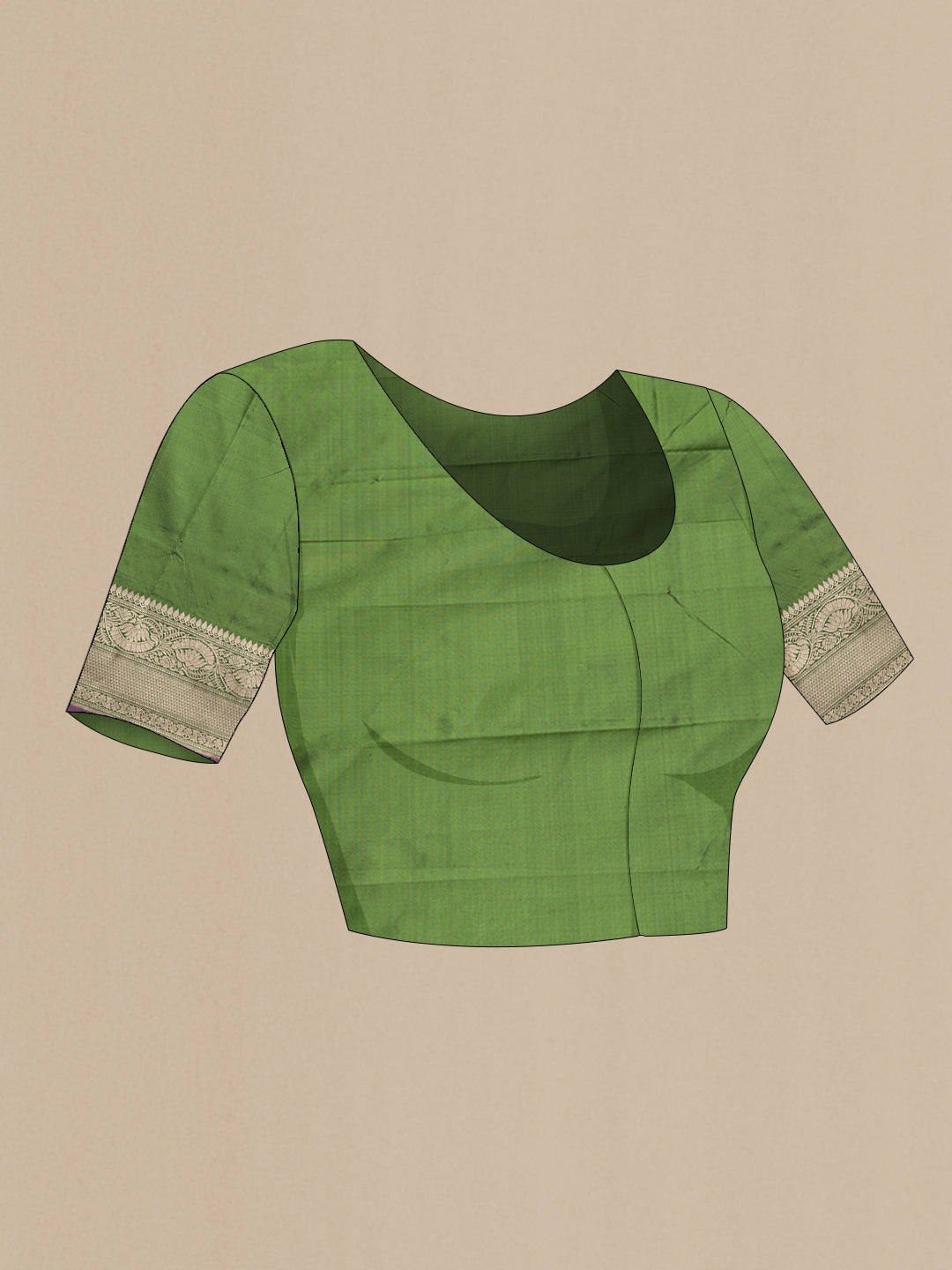 Close up image of the blouse of Mehandi Green Dual Tone Banarasi Silk Saree with Zari Butta on the body and Zari Border. 