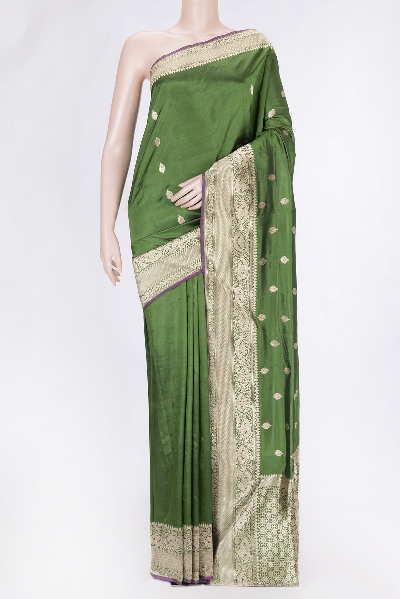 Mehandi Green Dual Tone Banarasi Silk Saree with Zari Butta on the body and Zari Border.  displayed on a mannequin