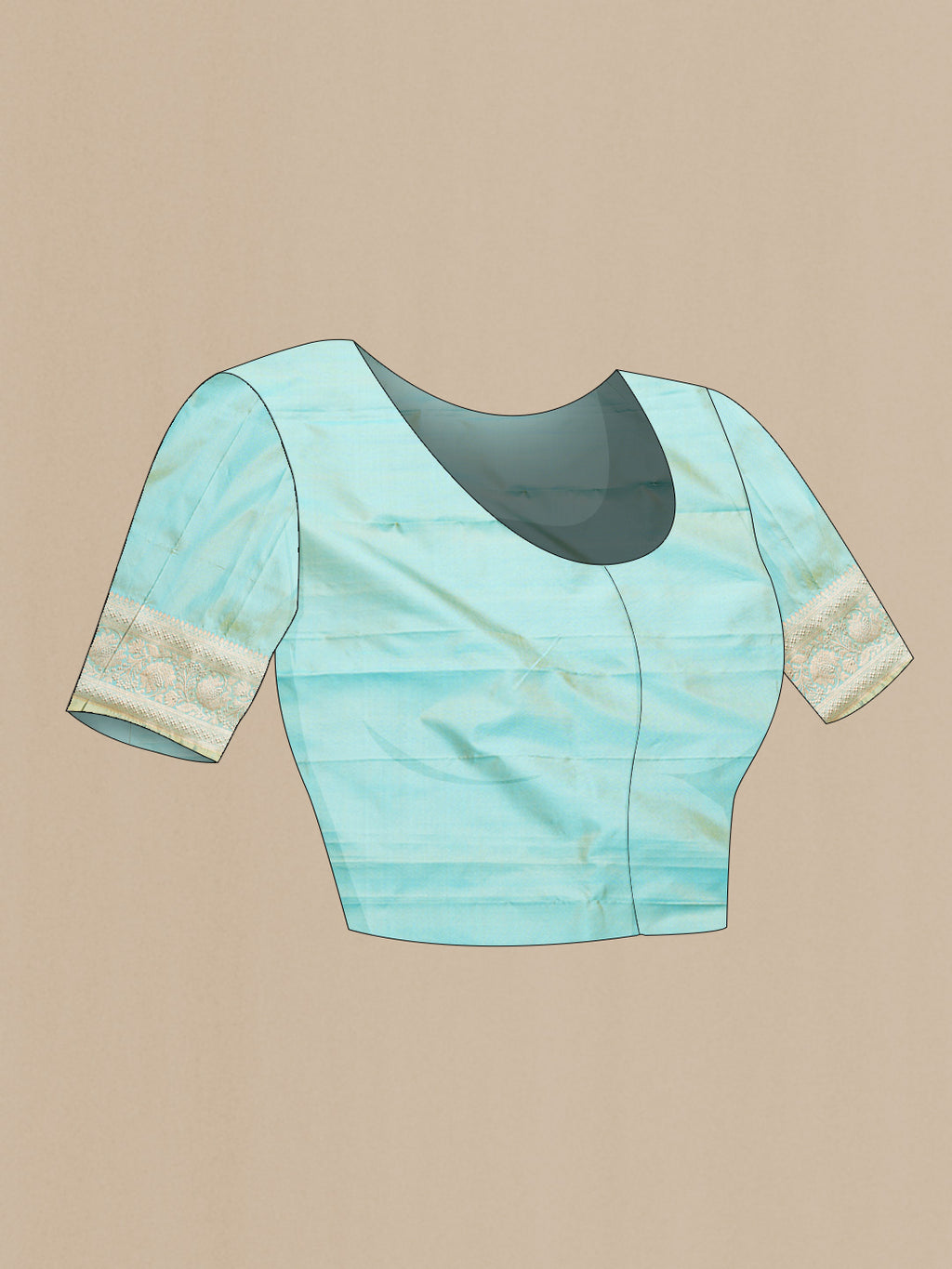 Close up image of the blouse of Sky Blue Dual Tone Banarasi Silk Saree with Zari Butta on the body and Zari Border. 