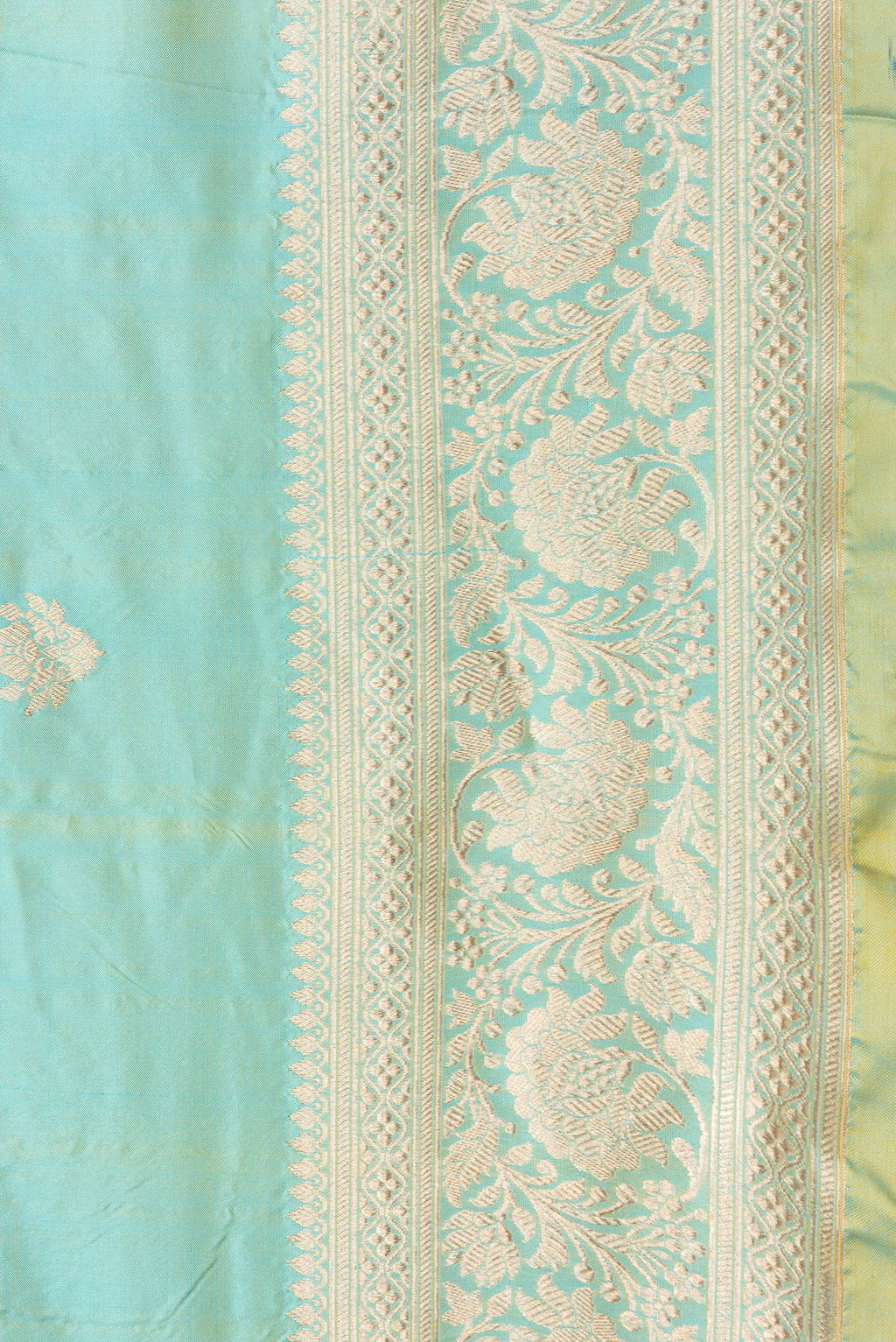 Border image of Sky Blue Dual Tone Banarasi Silk Saree with Zari Butta on the body and Zari Border. 