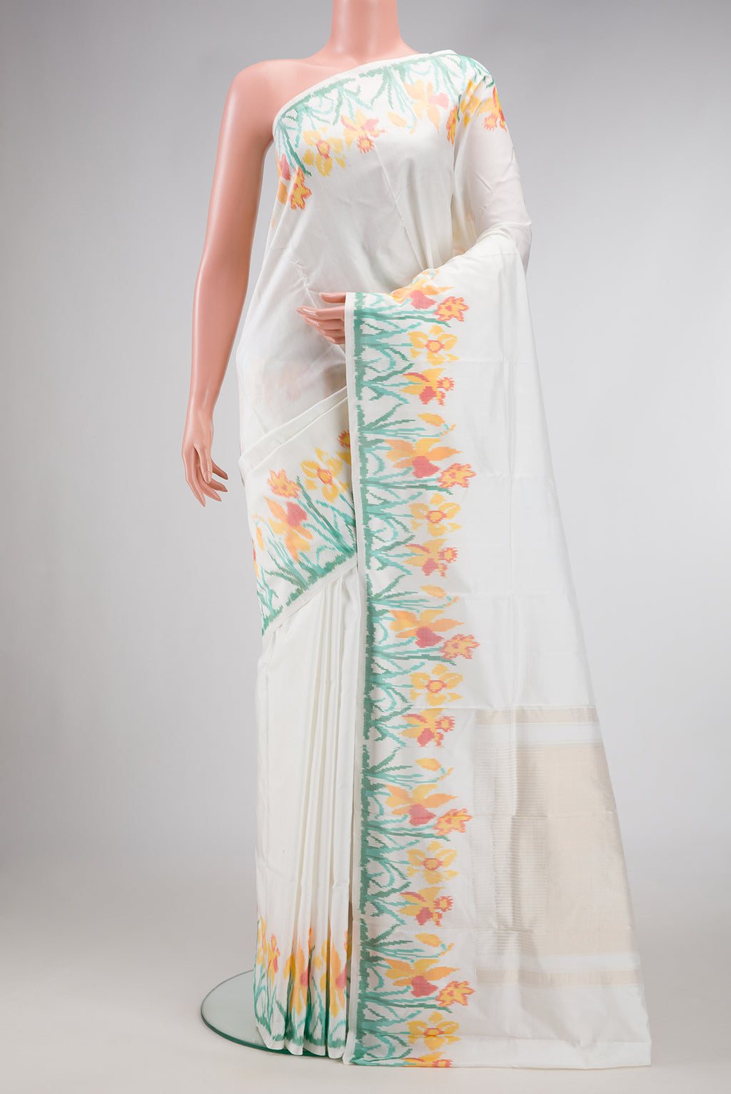 Off White Dual Tone Double Ikat Saree with Plain Body and Ikat Border.  displayed on a mannequin