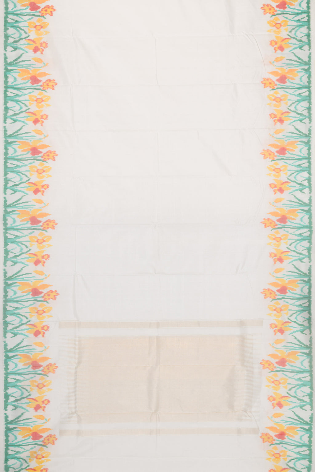 Flat view of Off White Dual Tone Double Ikat Saree with Plain Body and Ikat Border. 
