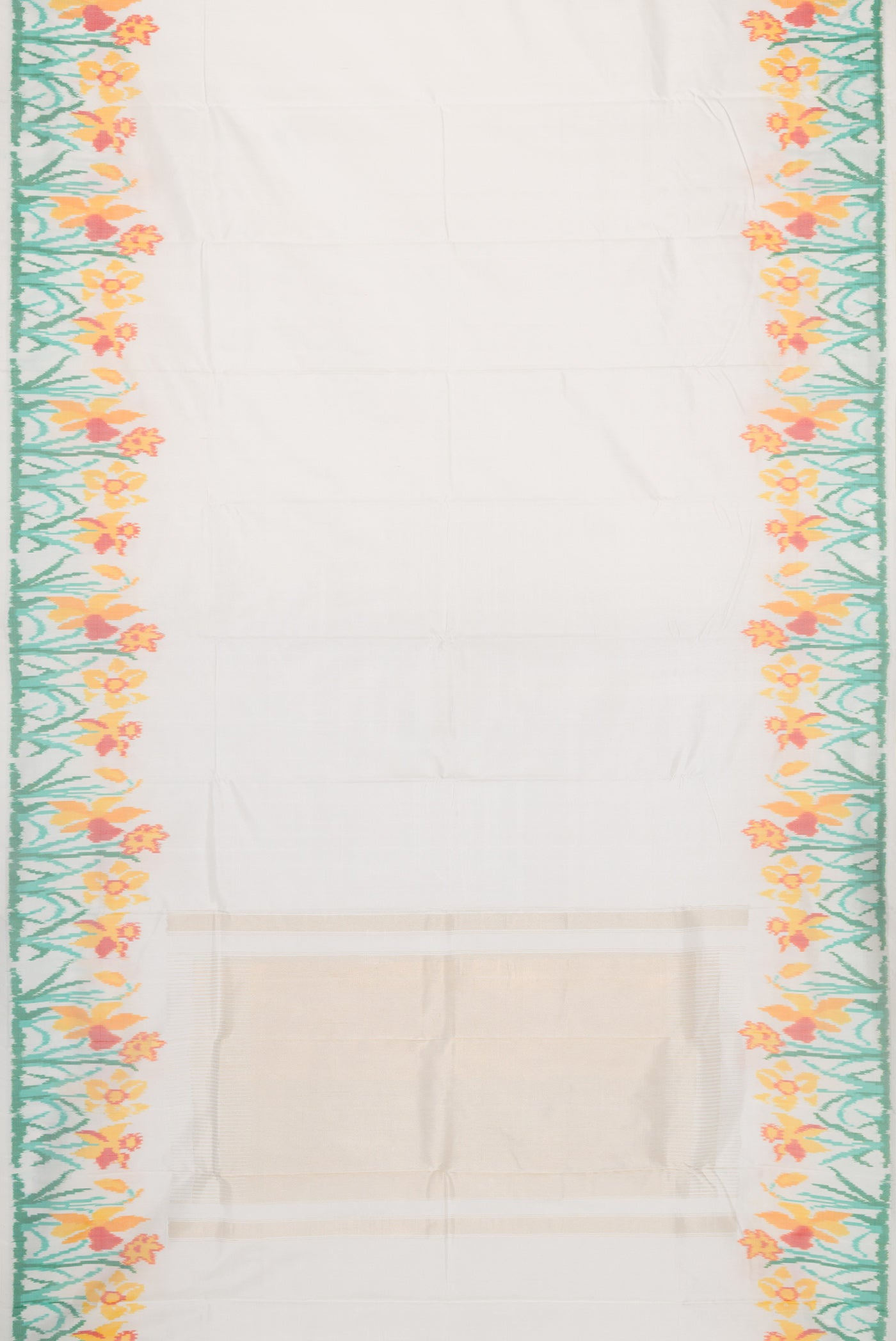 Flat view of Off White Dual Tone Double Ikat Saree with Plain Body and Ikat Border. 