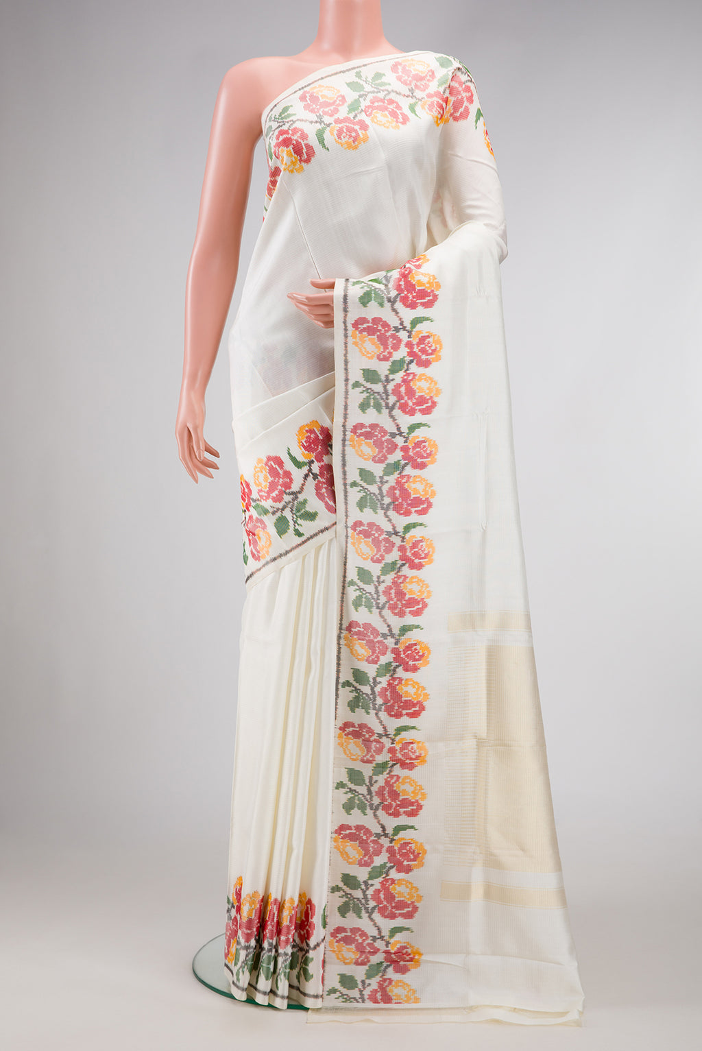 Off White Dual Tone Double Ikat Saree with Stripes on the body and Ikat Border.  displayed on a mannequin