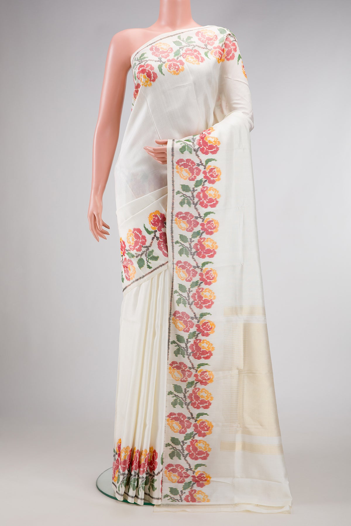 Off White Dual Tone Double Ikat Saree with Stripes on the body and Ikat Border.  displayed on a mannequin