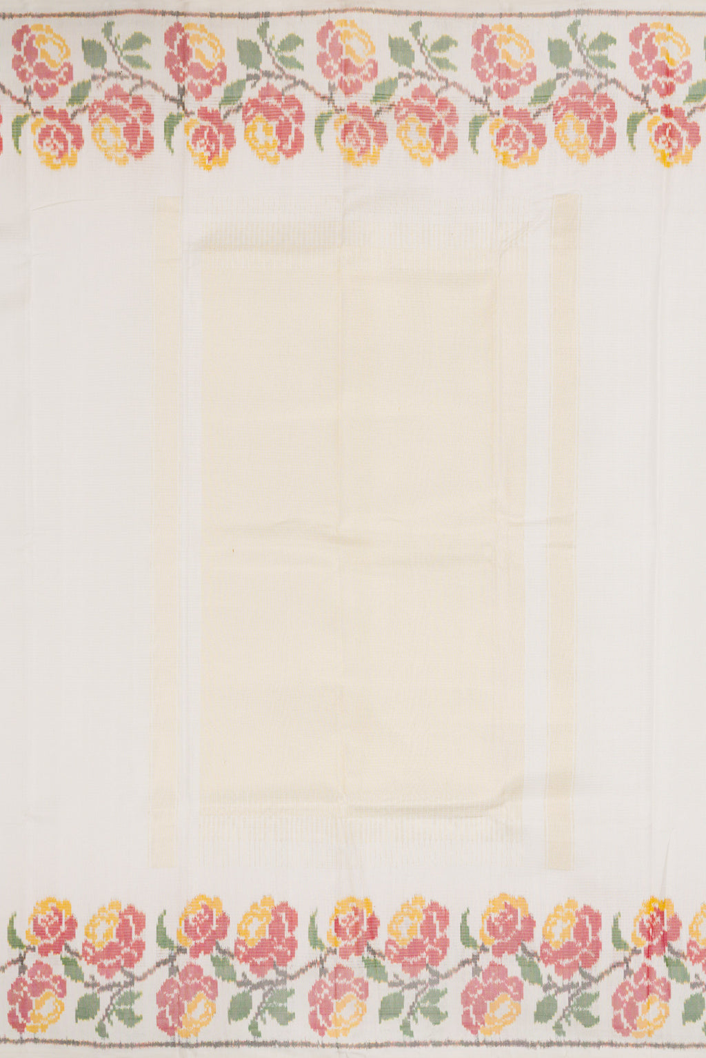 Close up image of the pallu of Off White Dual Tone Double Ikat Saree with Stripes on the body and Ikat Border. 