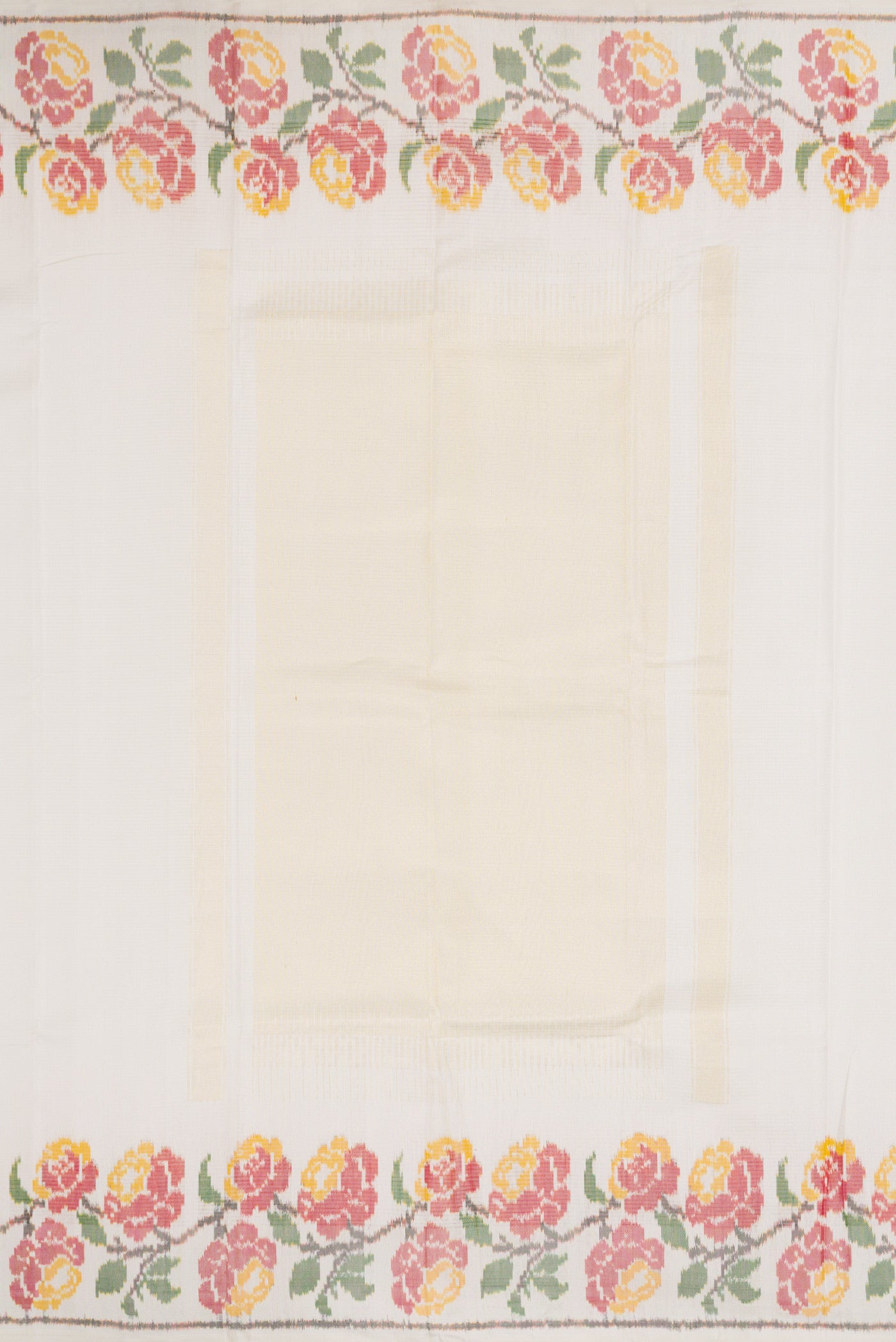 Close up image of the pallu of Off White Dual Tone Double Ikat Saree with Stripes on the body and Ikat Border. 