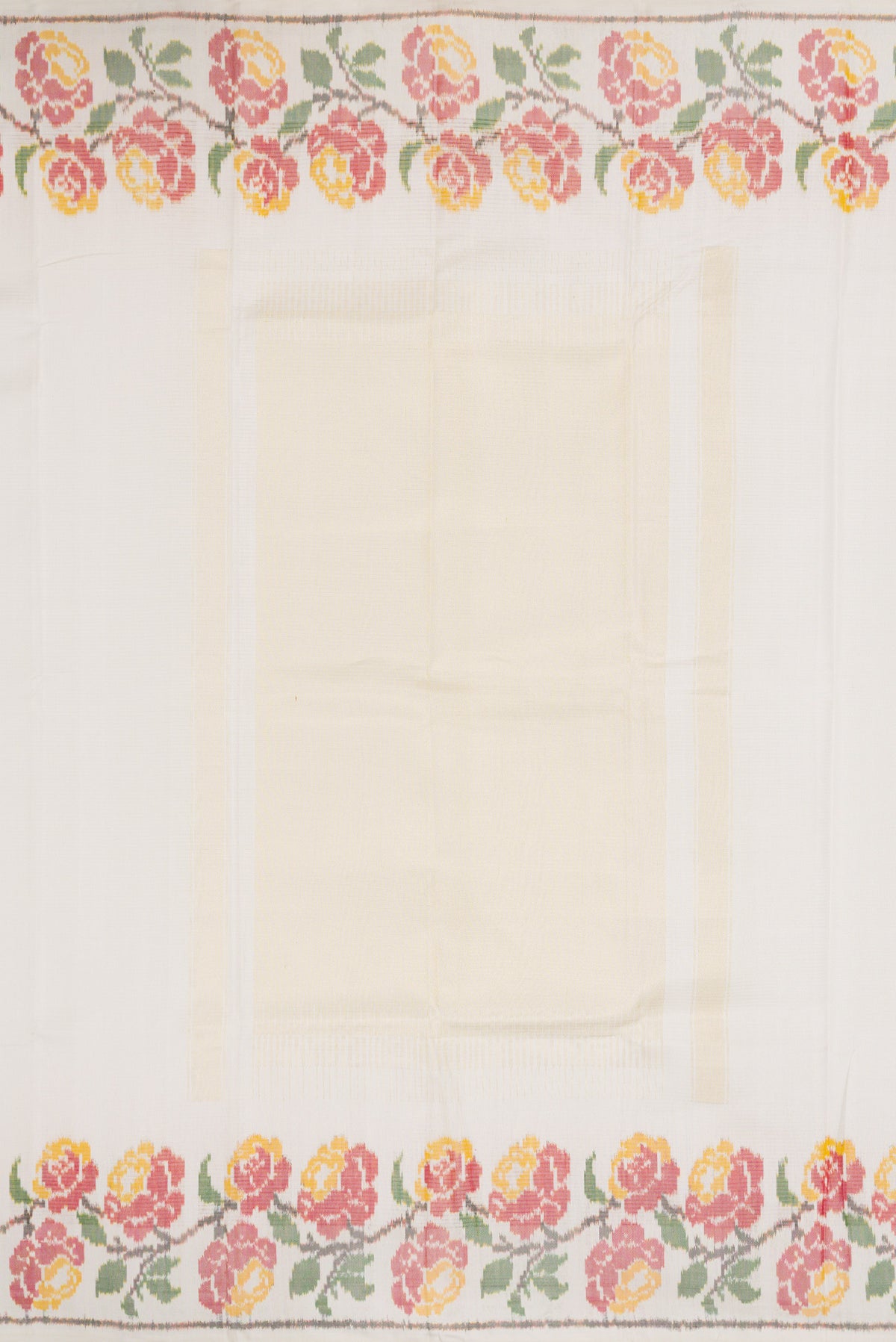 Close up image of the pallu of Off White Dual Tone Double Ikat Saree with Stripes on the body and Ikat Border. 