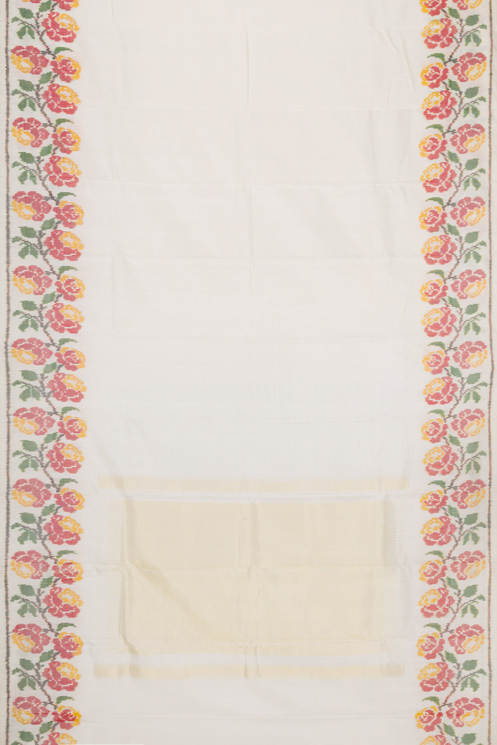 Flat view of Off White Dual Tone Double Ikat Saree with Stripes on the body and Ikat Border. 