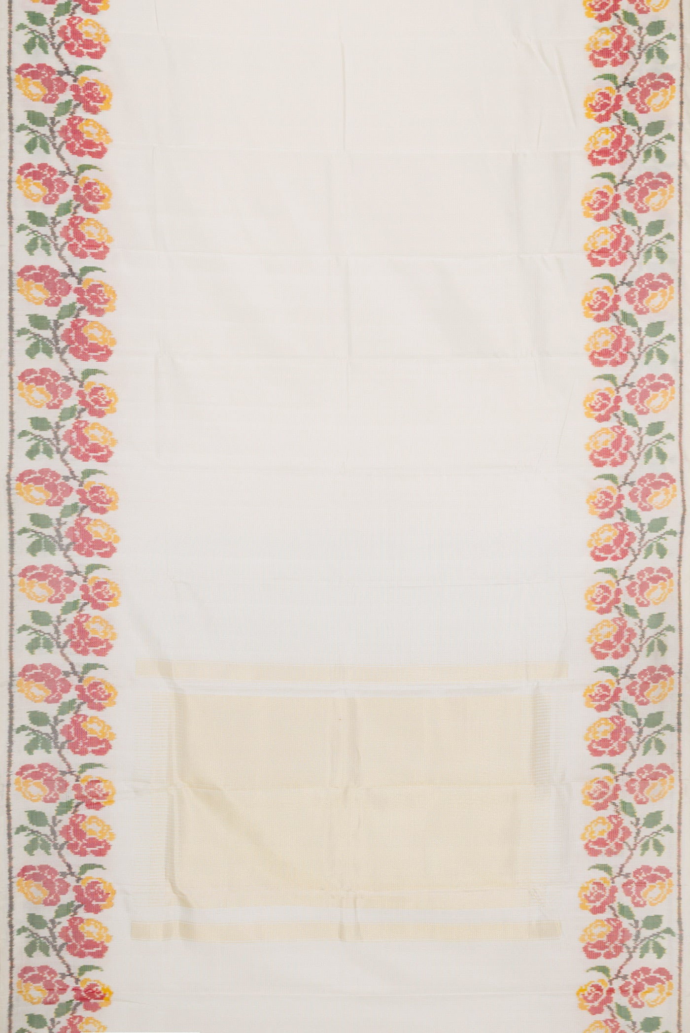 Flat view of Off White Dual Tone Double Ikat Saree with Stripes on the body and Ikat Border. 