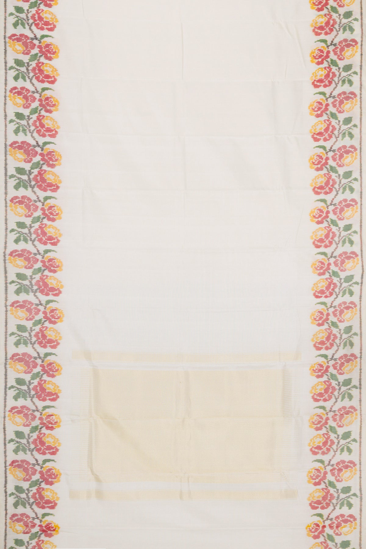 Flat view of Off White Dual Tone Double Ikat Saree with Stripes on the body and Ikat Border. 