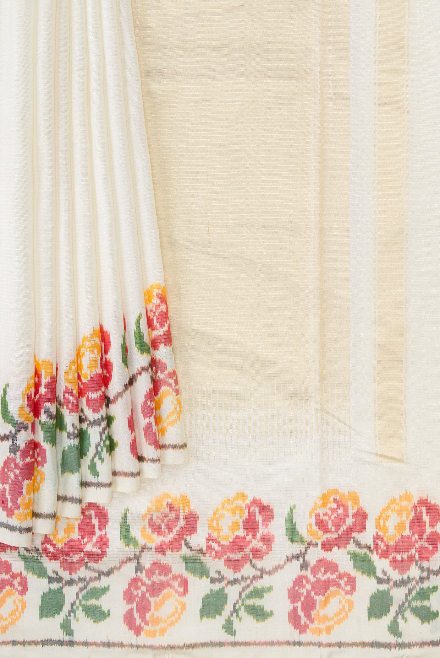 Pleats and pallu of Off White Dual Tone Double Ikat Saree with Stripes on the body and Ikat Border. 