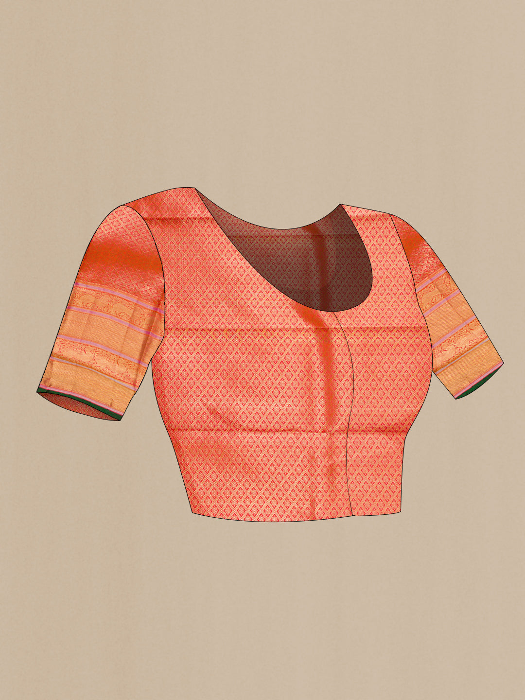 Close up image of the blouse of Orange Dual Tone Double Ikat Saree with Checked design on the body and Zari Border. 