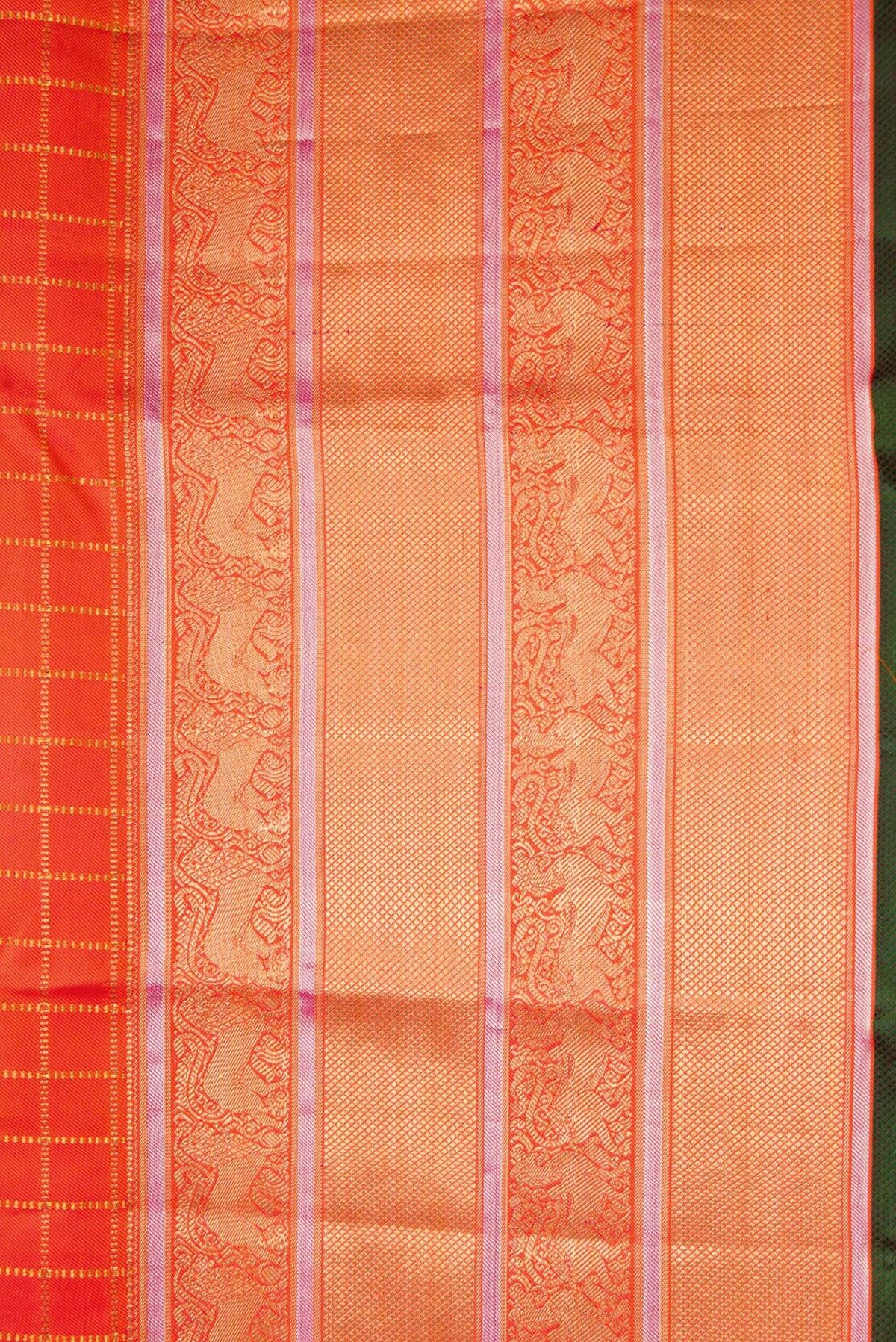 Border image of Orange Dual Tone Double Ikat Saree with Checked design on the body and Zari Border. 