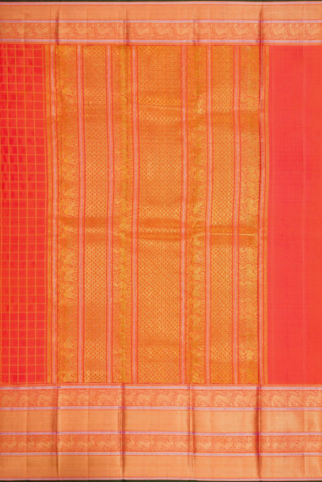 Close up image of the pallu of Orange Dual Tone Double Ikat Saree with Checked design on the body and Zari Border. 