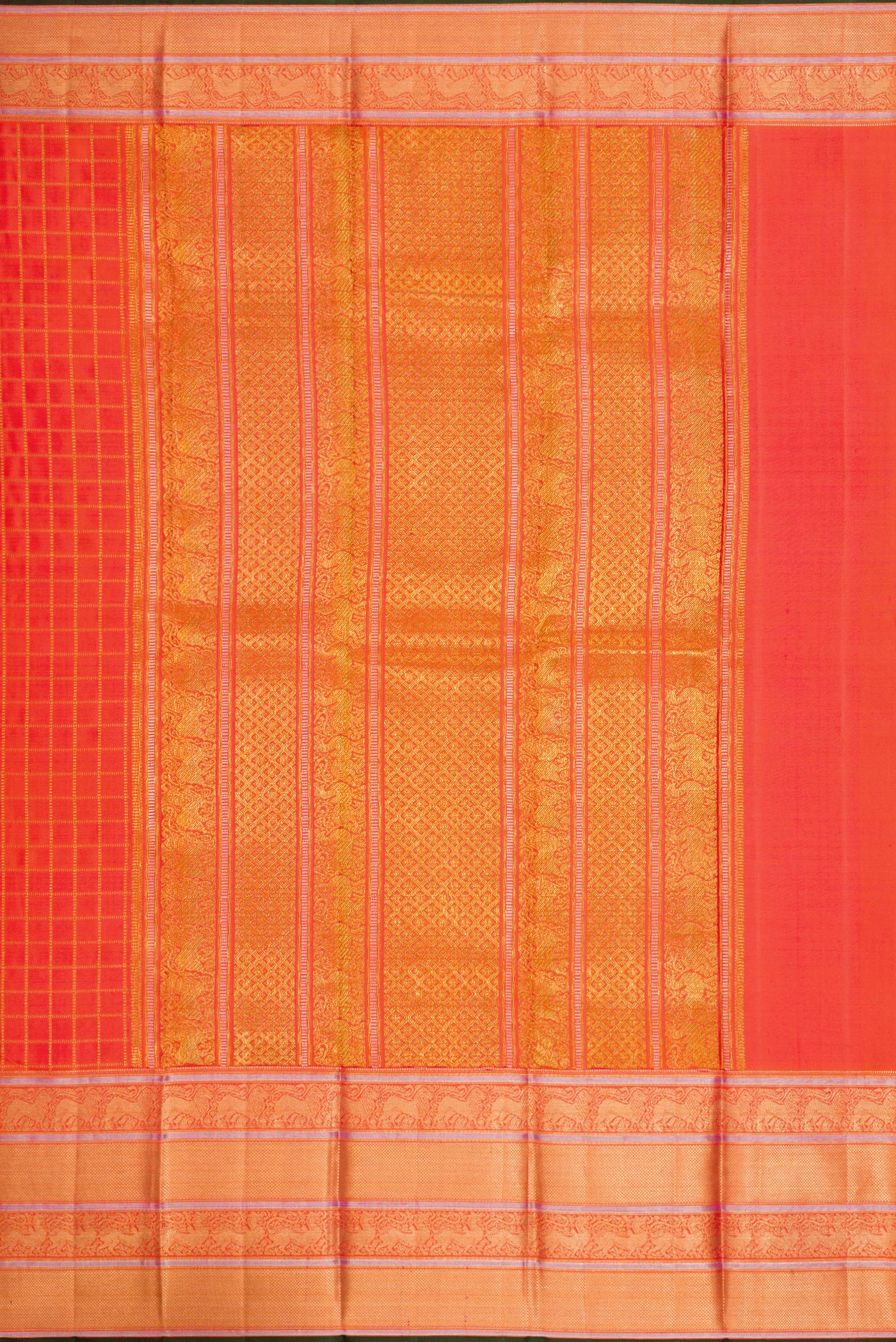 Close up image of the pallu of Orange Dual Tone Double Ikat Saree with Checked design on the body and Zari Border. 
