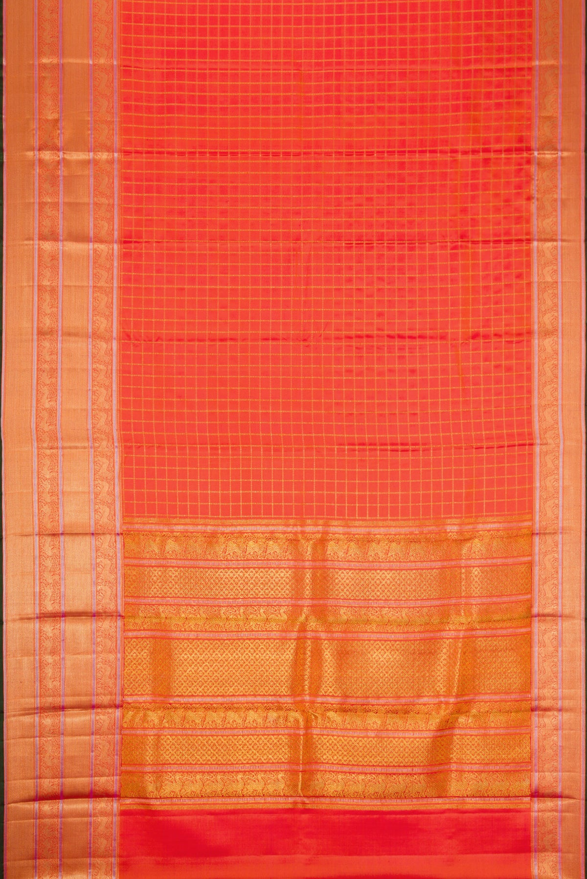 Flat view of Orange Dual Tone Double Ikat Saree with Checked design on the body and Zari Border. 