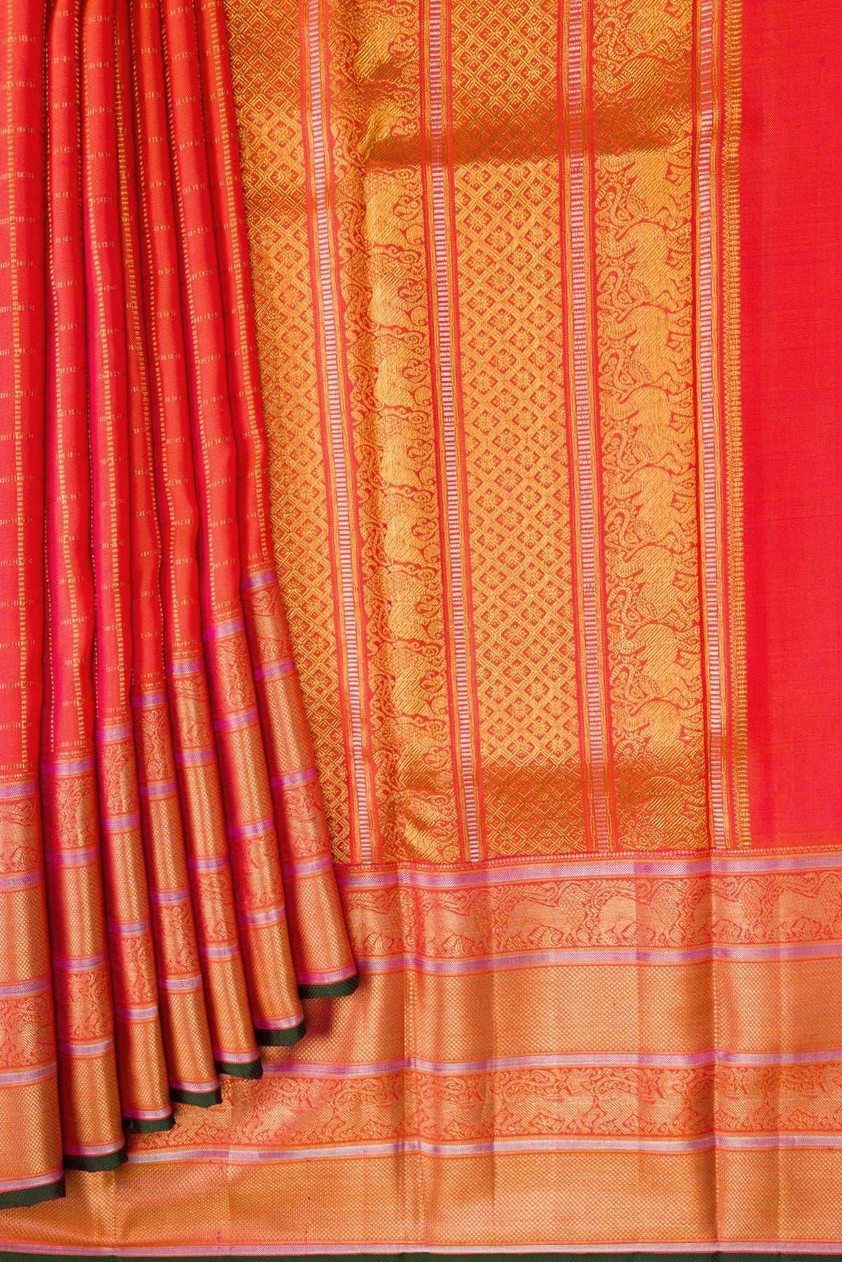 Pleats and pallu of Orange Dual Tone Double Ikat Saree with Checked design on the body and Zari Border. 