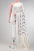 White Dual Tone Rajkot Patola Silk Saree with Ikat Print on the body and Ikat Border.  displayed on a mannequin