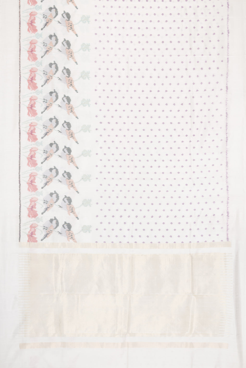 Flat view of White Dual Tone Rajkot Patola Silk Saree with Ikat Print on the body and Ikat Border. 