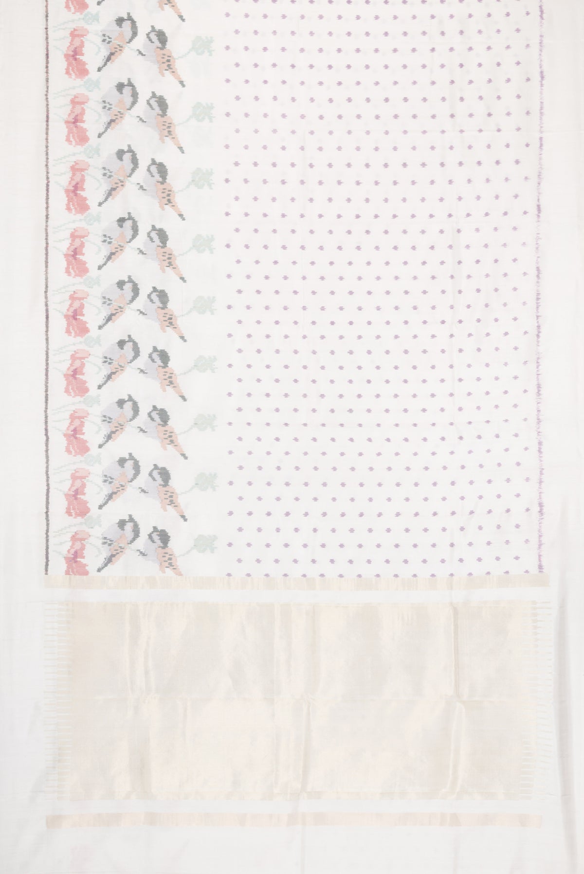 Flat view of White Dual Tone Rajkot Patola Silk Saree with Ikat Print on the body and Ikat Border. 