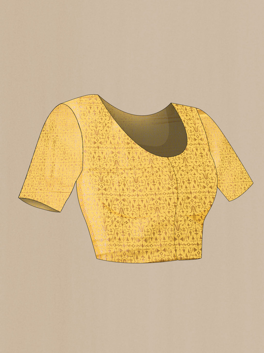 Close up image of the blouse of Mustard Dual Tone Mysore Crepe Saree with Zari Brocade on the body and Zari And Thread Border. 