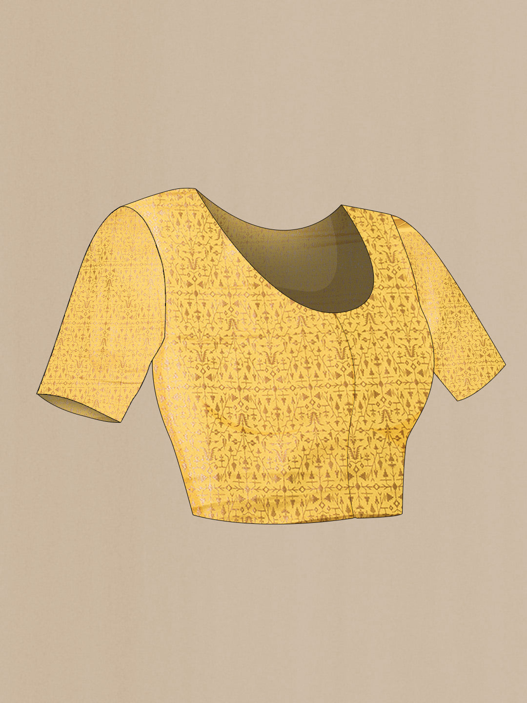 Close up image of the blouse of Mustard Dual Tone Mysore Crepe Saree with Zari Brocade on the body and Zari And Thread Border. 