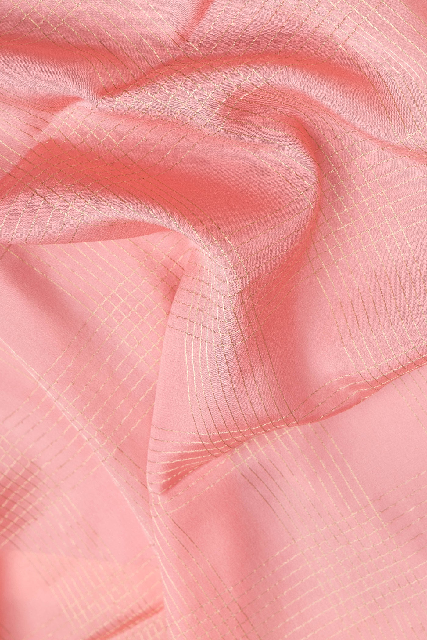 Close up of Pink Dual Tone Mysore Silk Saree with Checked design on the body and Zari And Thread Border.  displaying folds