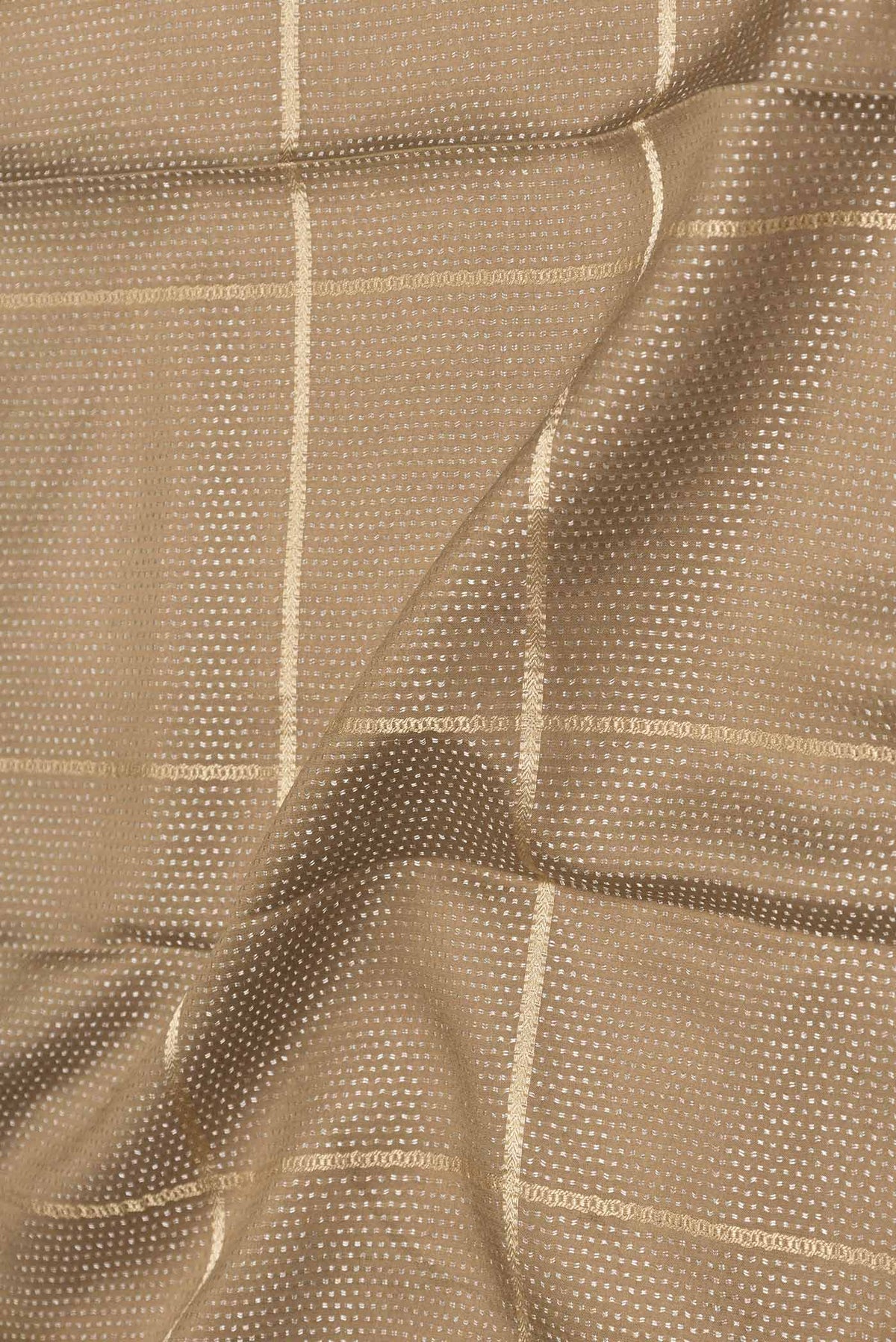 Close up of Mehandi Green Dual Tone Tussar Silk Saree with Zari Butta on the body and Zari Border displaying folds