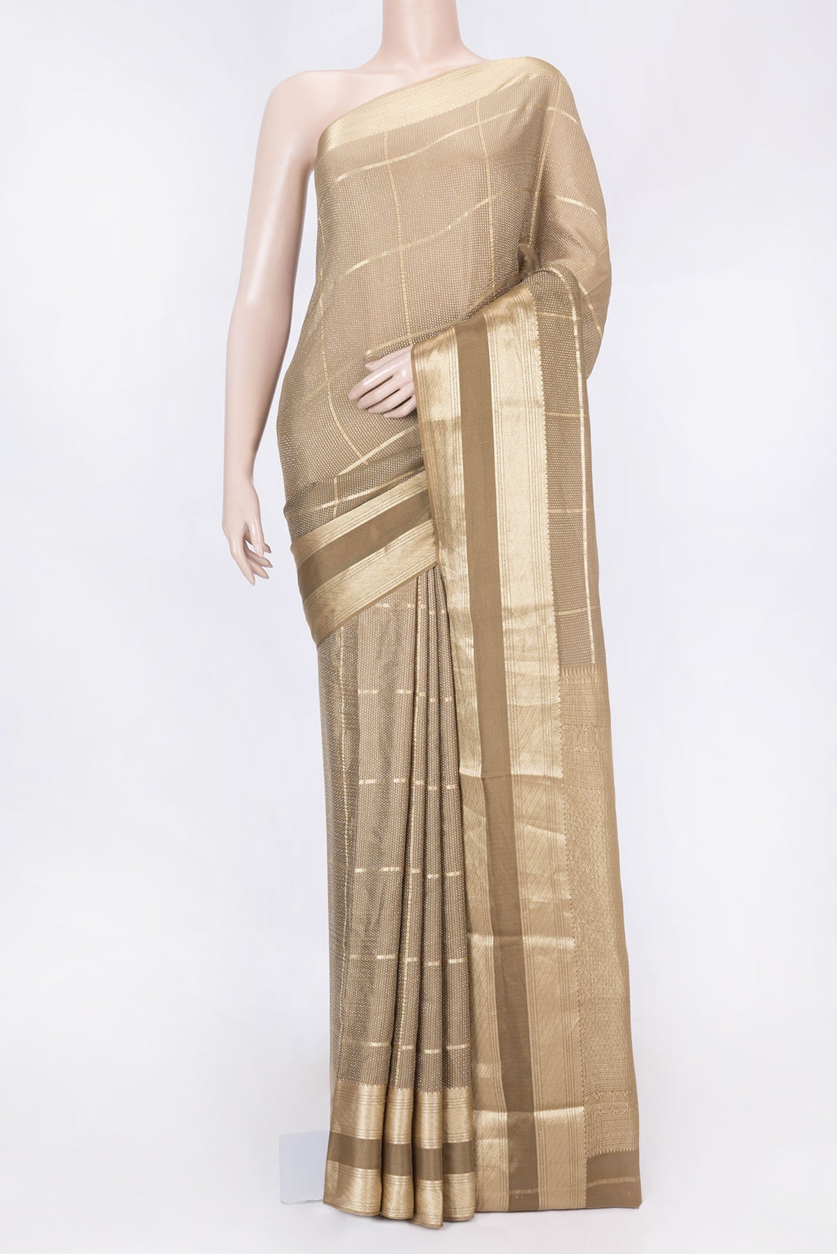 Mehandi Green Dual Tone Tussar Silk Saree with Zari Butta on the body and Zari Border displayed on a mannequin