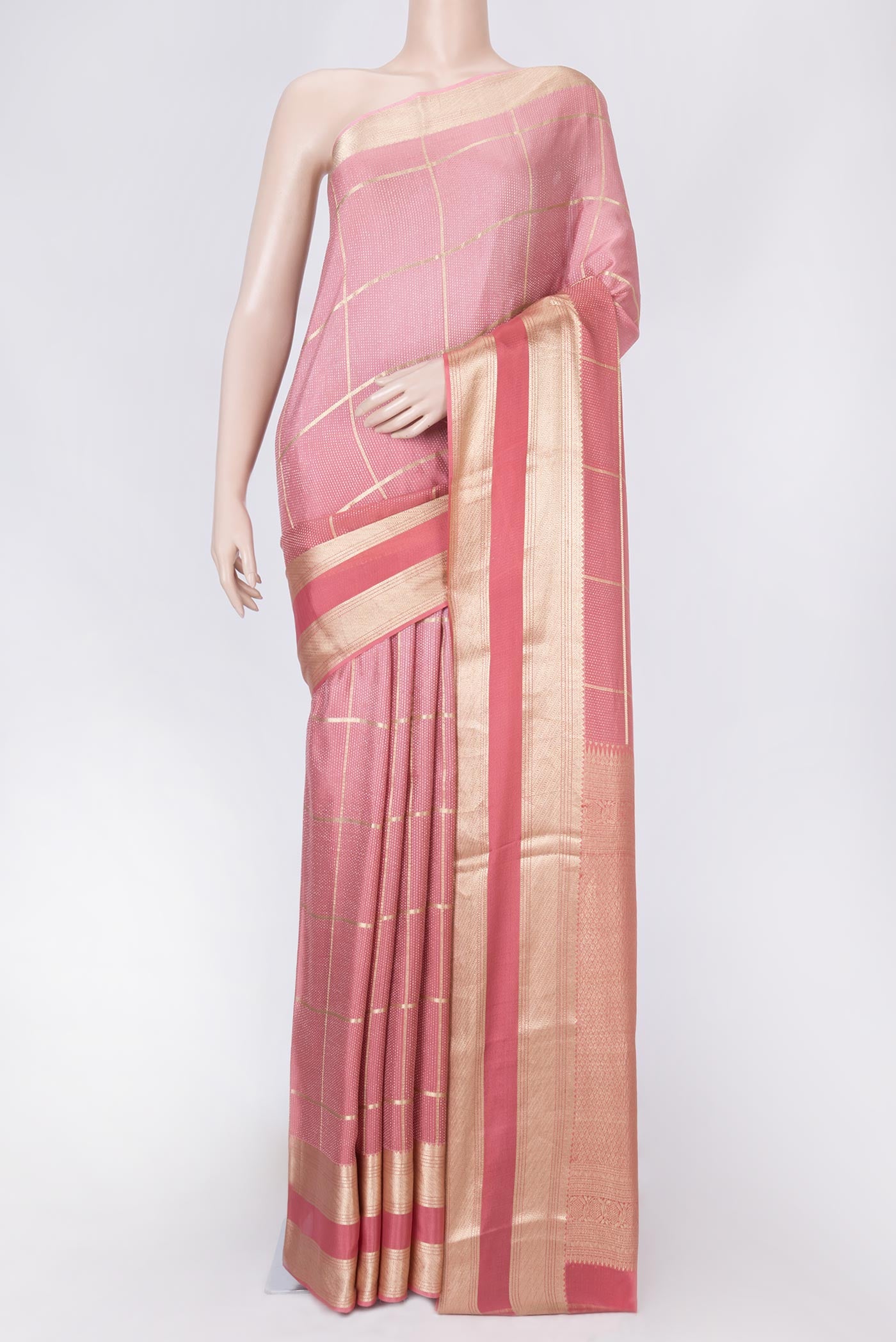 Pink Dual Tone Banarasi Georgette Saree with Zari Brocade on the body and Zari Border displayed on a mannequin