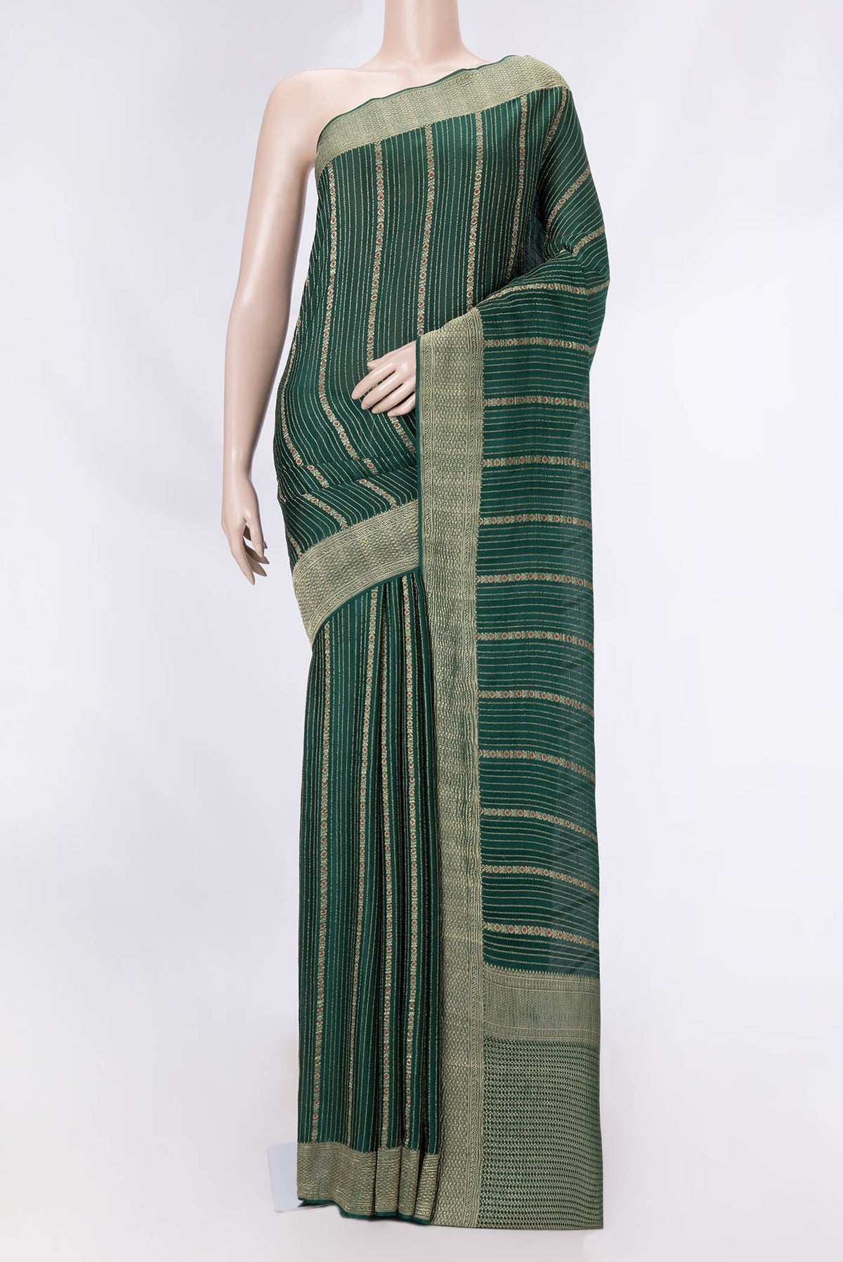 Green Dual Tone Mysore Georgette Saree with Zari Brocade on the body and Zari Border displayed on a mannequin