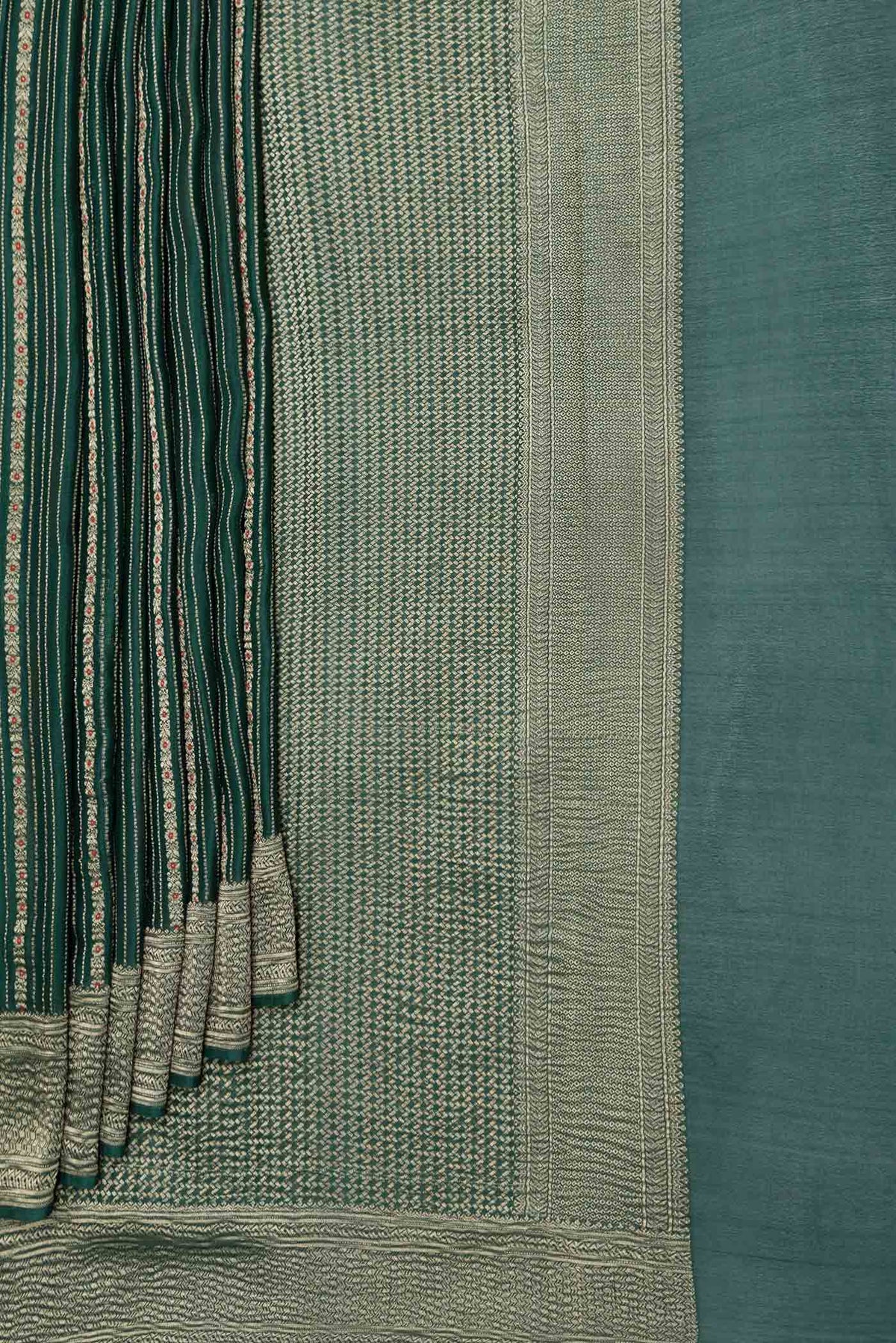 Pleats and pallu of Green Dual Tone Mysore Georgette Saree with Zari Brocade on the body and Zari Border