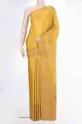 Mustard Mysore Crepe Saree with Plain Body and Fancy Border.  displayed on a mannequin