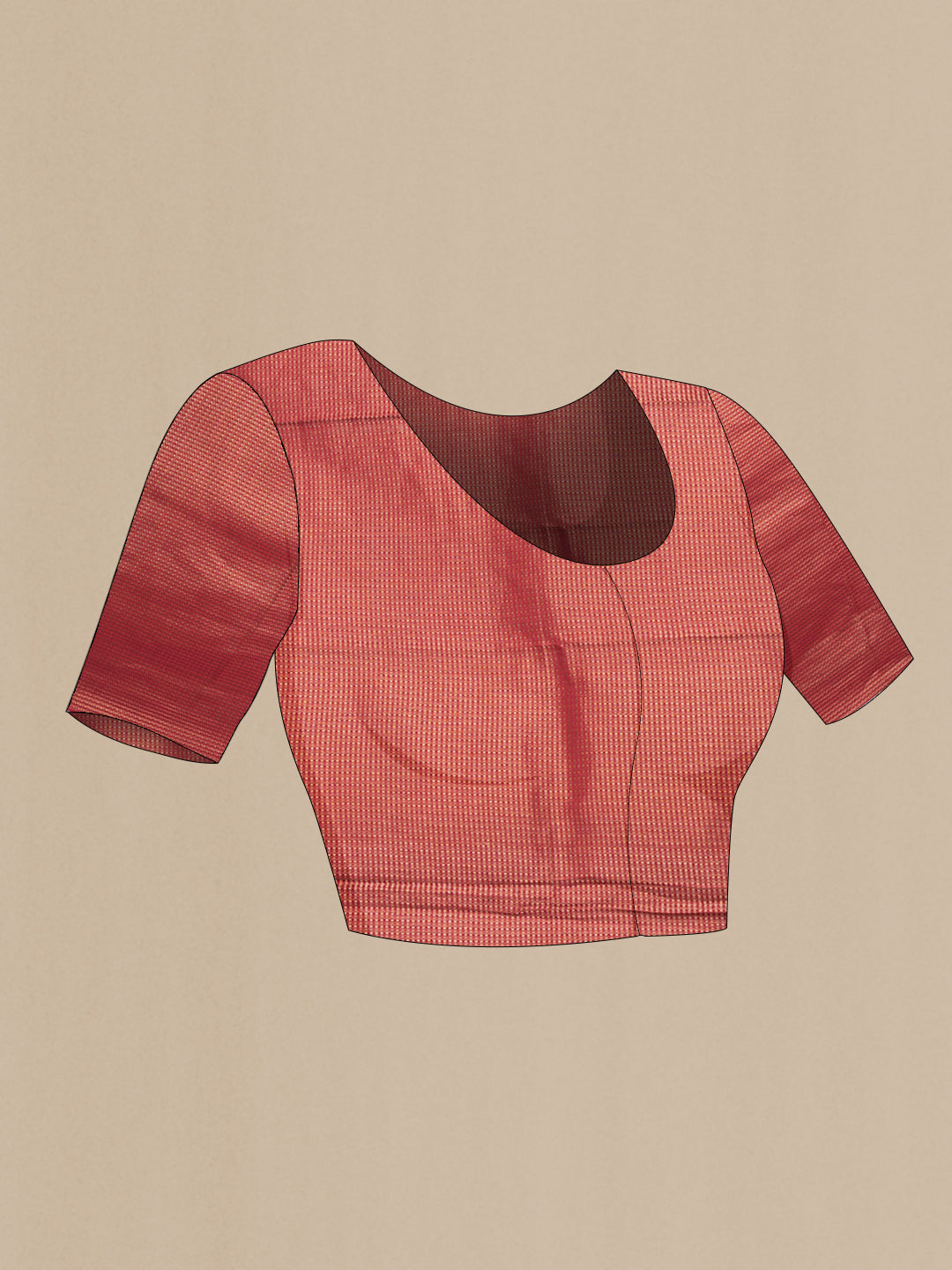Close up image of the blouse of Red Dual Tone Mysore Crepe Saree with Plain Body and Zari Border. 