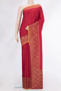Red Dual Tone Mysore Crepe Saree with Plain Body and Zari Border.  displayed on a mannequin
