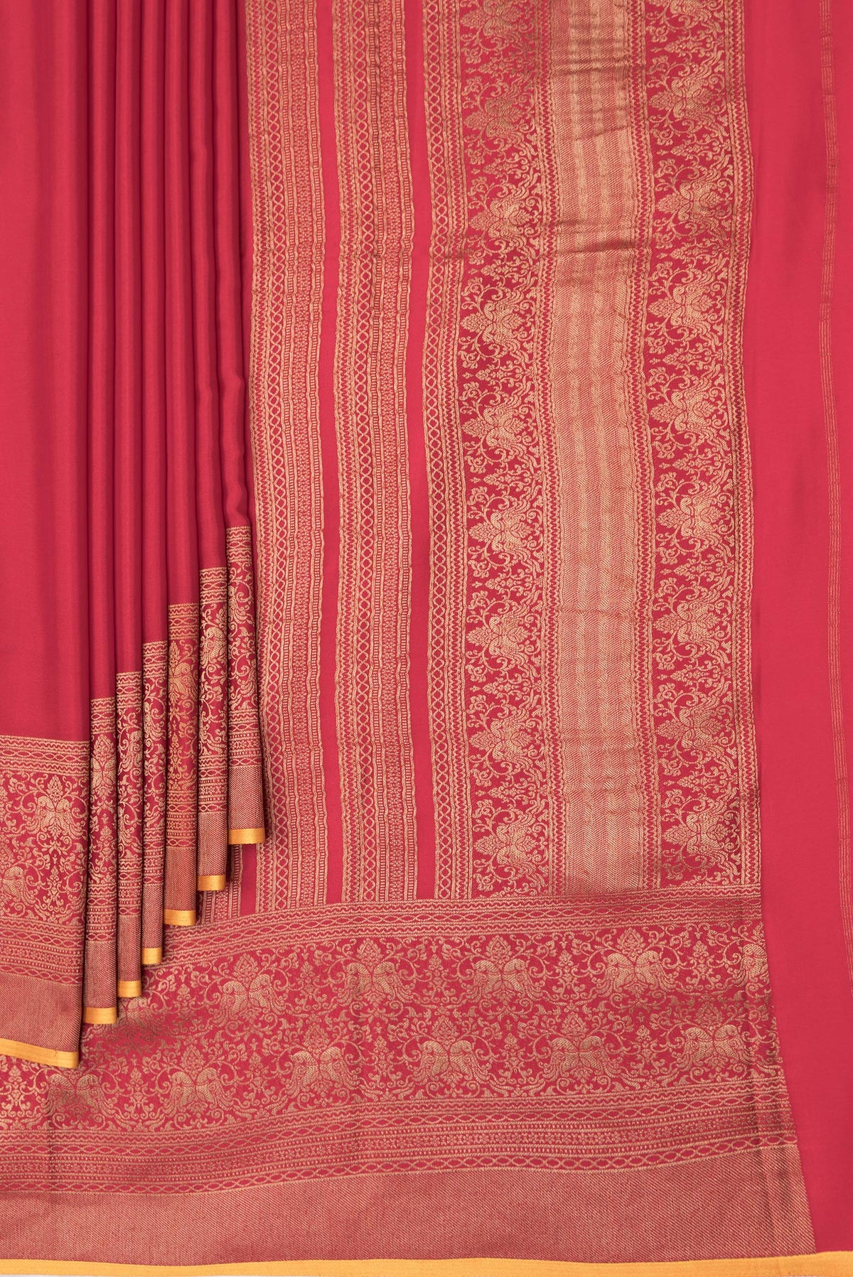 Pleats and pallu of Red Dual Tone Mysore Crepe Saree with Plain Body and Zari Border. 